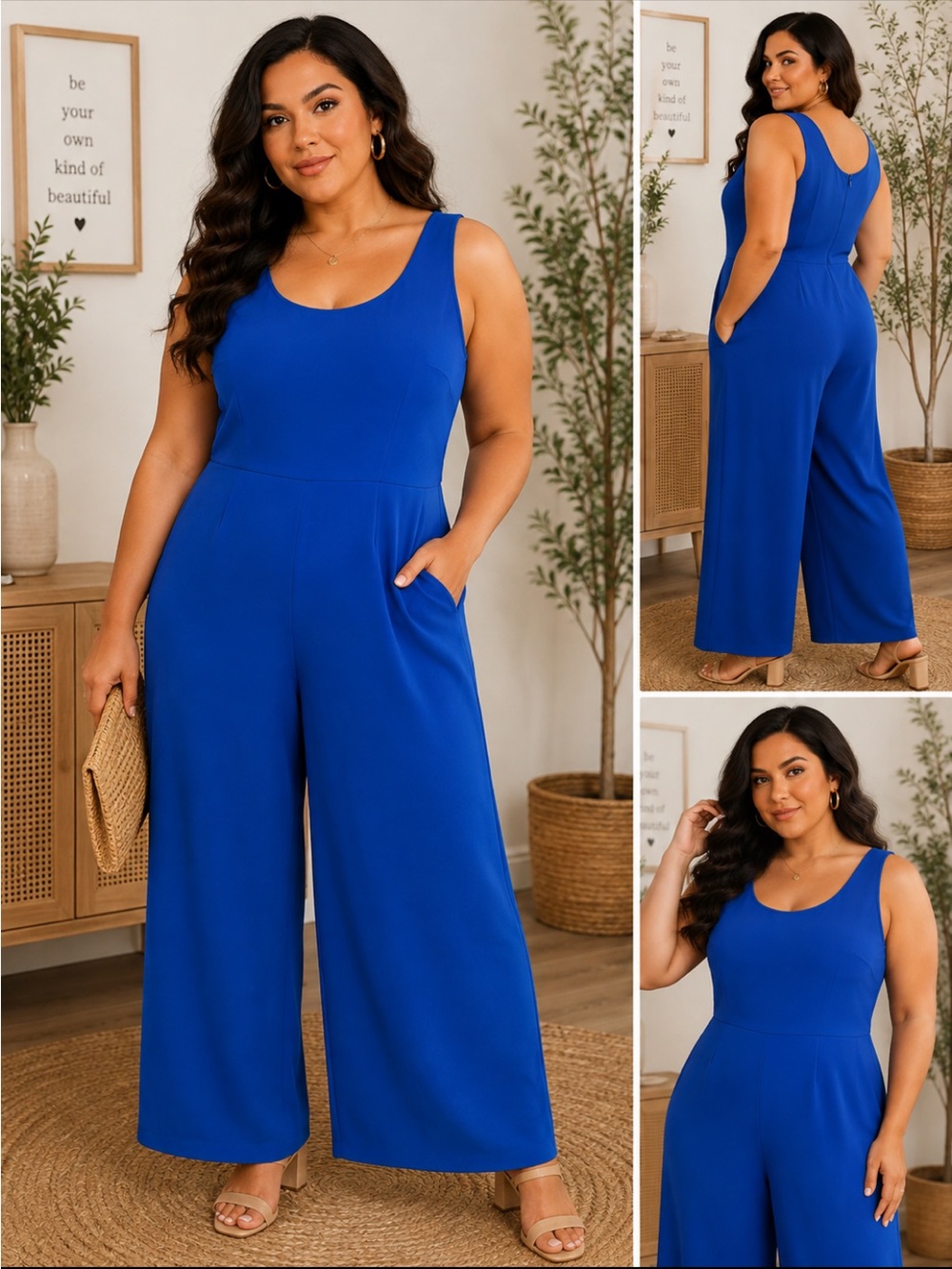 Sleek Cobalt Blue Sleeveless Wide-Leg Jumpsuit with pockets